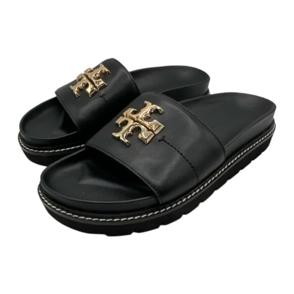 NEW NWT Tory Burch Everly Lug Slide Sandals Black Leather Gold Logo Size 6 - Picture 1 of 7